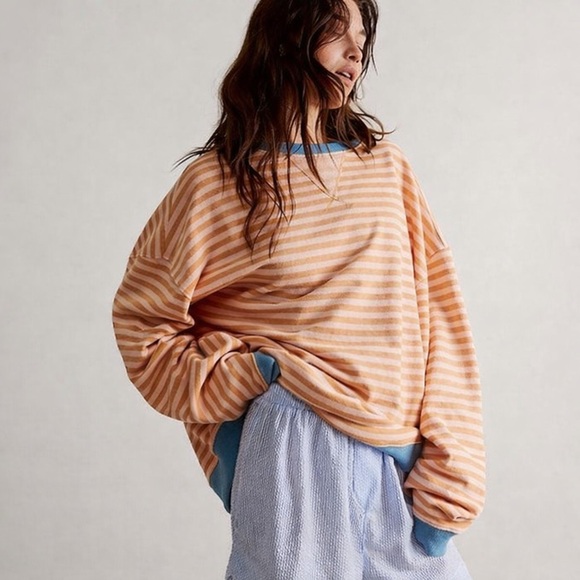 We The Free Tops - Free People We The Free Striped Oversized Crewneck in Latte Combo